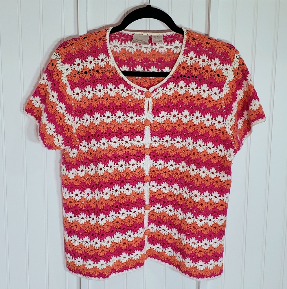 Crochet Button-Down Short Sleeve Shirt - Pink, Orange & White